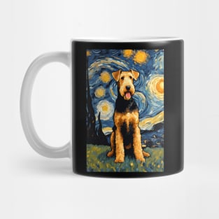 Cute Airedale Terrier Dog Breed Painting in a Van Gogh Starry Night Art Style Mug